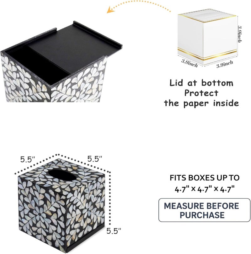 PEMAR Handcrafted Wooden Tissue Box Cover for Small Cube Tissue Boxes Only (Max Inner Size 4.7”) – Mother of Pearl Inlay Decorative Tissue Holder for Bathroom, Living Room & Office (White Vines) - Image 4